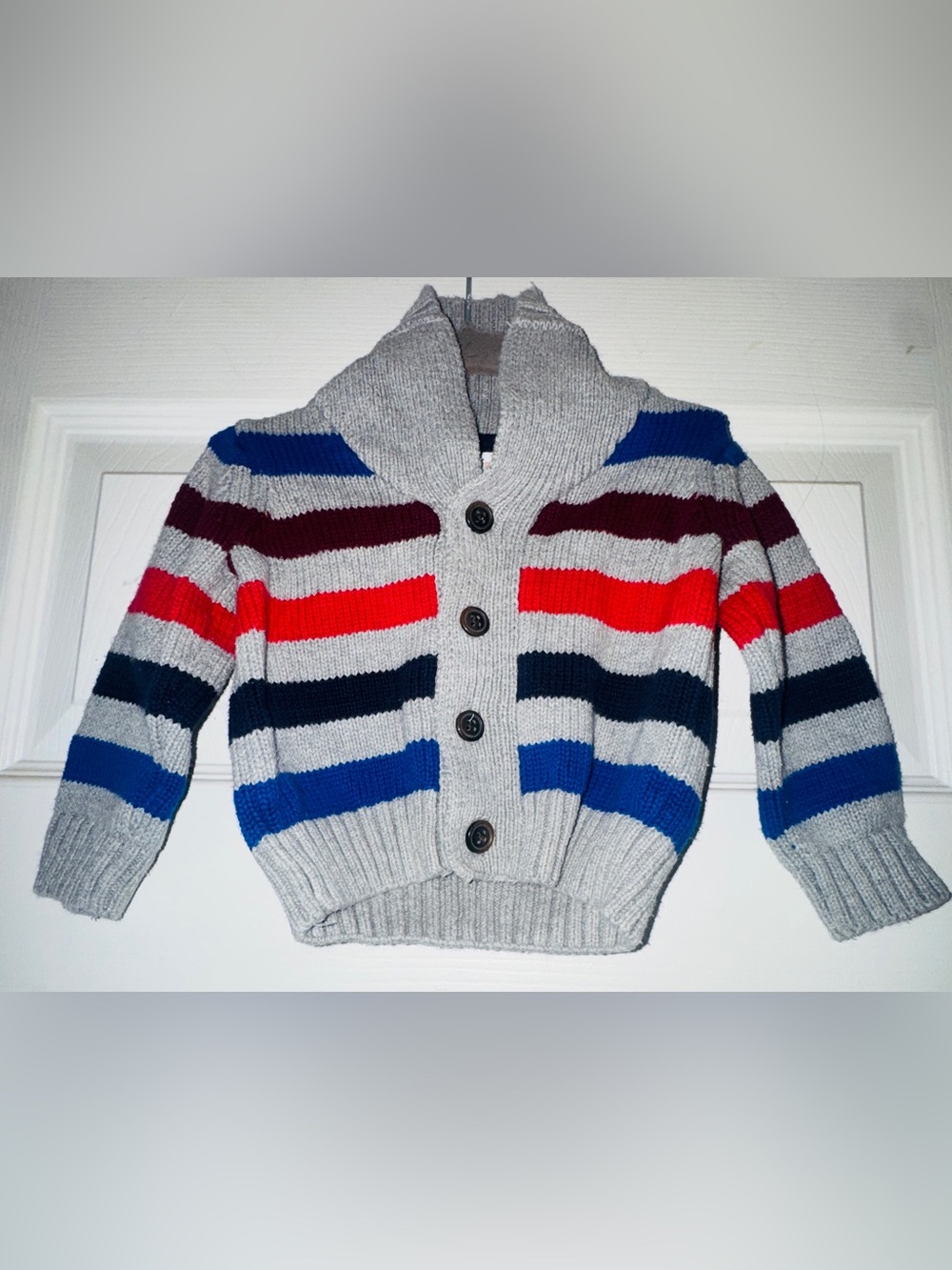 Gymboree Gray Shawl Collar Cardigan with Red, Blue, Navy & Burgundy Stripes